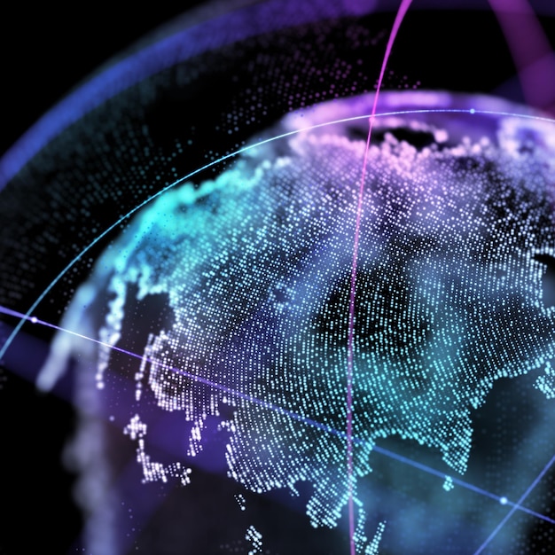 Conexiones órbitas de comunicación global en la vista del mapa mundial sobre el fondo del espacio oscuro. ilustración 3d