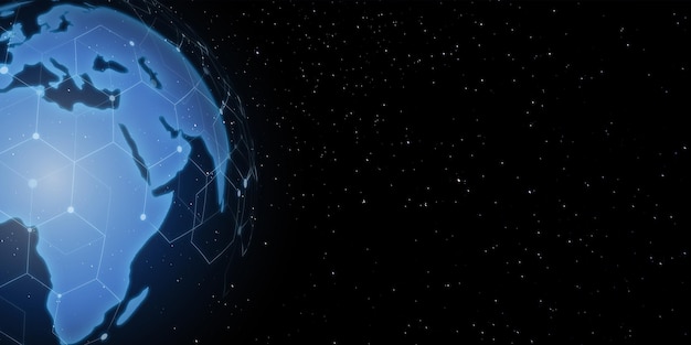Conexões ao redor do planeta Terra vistas do espaço à noite cidades conectadas ao redor do globo por linhas brilhantes viagens internacionais ou conectividade mundial de finanças empresariais globais