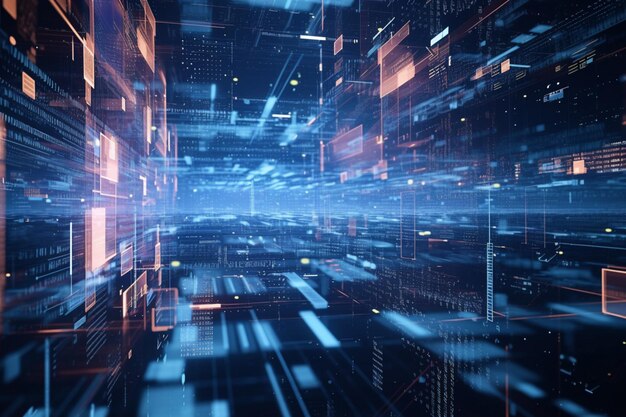 Conexões de dados digitais retratadas no ciberespaço futurista com transferência de alta velocidade