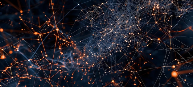 Conexões de rede complexas com nós brilhantes em azul escuro