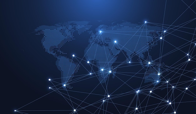 Conexões de rede global com estrutura de conexão abstrata de fundo de wireframe de pontos e linhas