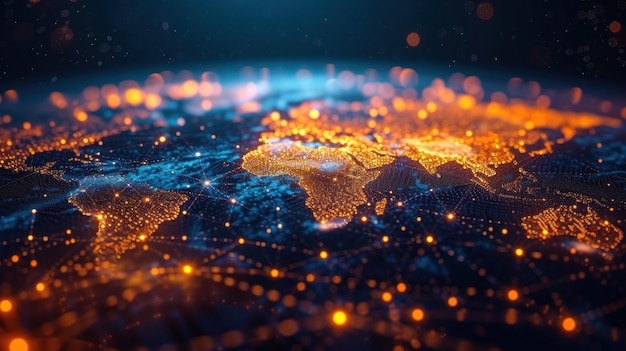 Conexões de rede iluminadas em um mapa global estilizado à noite
