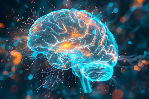 Conexões neurais brilhando em um cérebro futurista renderizado em 3D