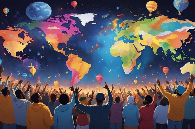Conexões virtuais Pessoas comemorando em todo o mundo on-line