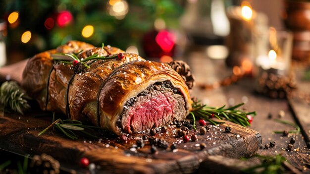 Foto confecção de mesa festiva de carne de bovino wellington