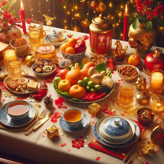 Confección de mesa para el Año Nuevo chino con decoraciones tradicionales y comida con acentos rojos y dorados