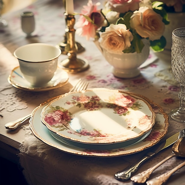 Confección de mesa antigua y rústica con platos encantadores