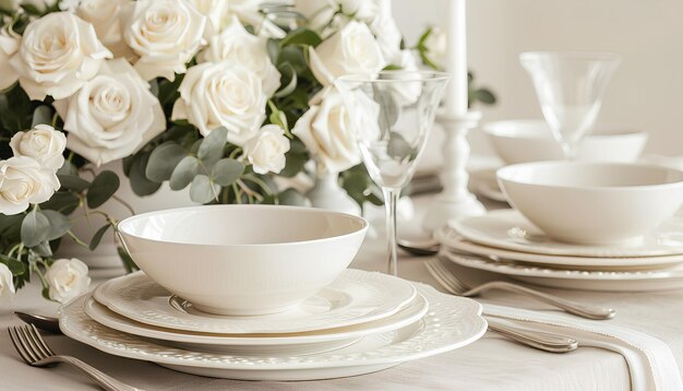 Confección de mesa festiva con rosas blancas y platos blancos antiguos sobre un fondo beige