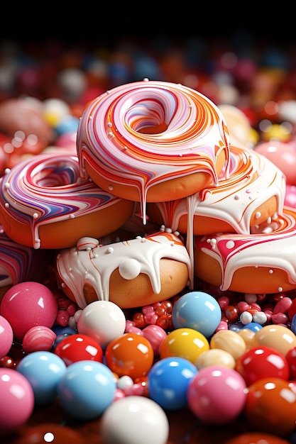 Foto confectionery abstract pattern colorful artistic pattern using candies and glazed donuts