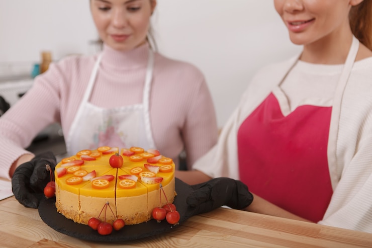 Foto confeiteiro trabalhando em sua padaria, decorando bolo