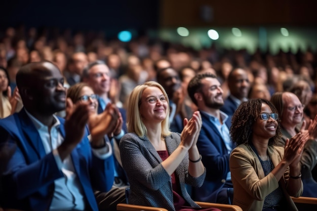 Conferência de empresários e aplausos do público num seminário, numa oficina ou numa formação