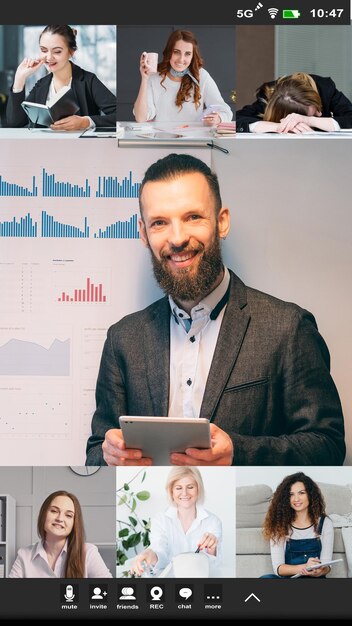 Conferência móvel Apresentação de vídeo Teletrabalho profissional Captura de tela da equipe de negócios do líder masculino trabalhando na análise estatística on-line no escritório virtual