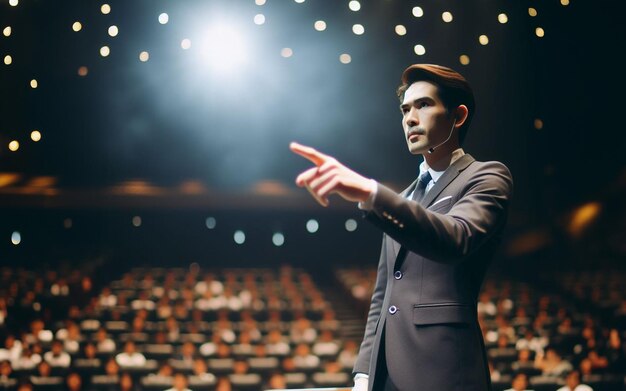 Un conferenciante hablando en el escenario con un dedo apuntando hacia adelante en una sala de conferencias un hombre de negocios habla