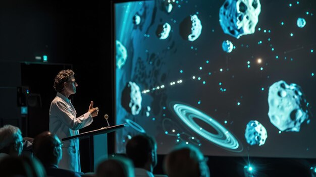 Foto conferencias de científicos sobre asteroides con visualización gráfica de la órbita para la concienciación día del asteroide