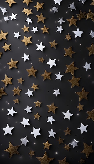 Foto confete de estrelas prateadas e brancas em fundo preto decoração festiva