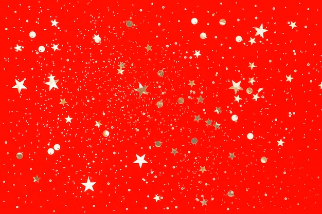 Confete dourado sobre fundo vermelho. Conceito de Natal. Camada plana, vista superior