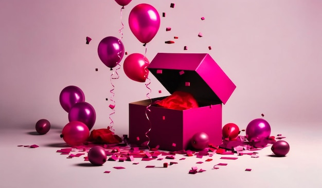 Confetes e balões de caixa de presente rosa em um fundo branco
