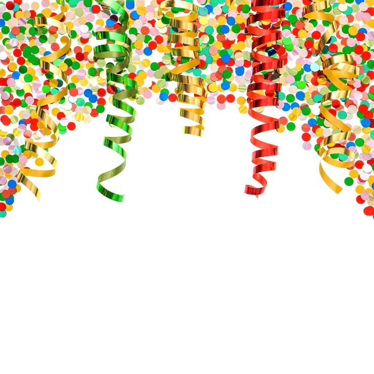 Foto confetes variados com serpentina colorida brilhante sobre fundo branco. decorações de festa sobre branco