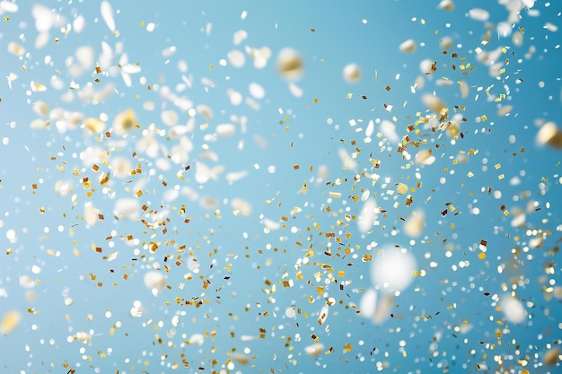 Confeti caindo no céu minimalista simples fundo azul claro branco e dourado brilhante