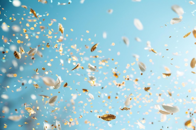 Confeti caindo no céu minimalista simples fundo azul claro branco e dourado brilhante