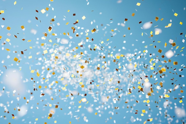 Confeti caindo no céu minimalista simples fundo azul claro branco e dourado brilhante