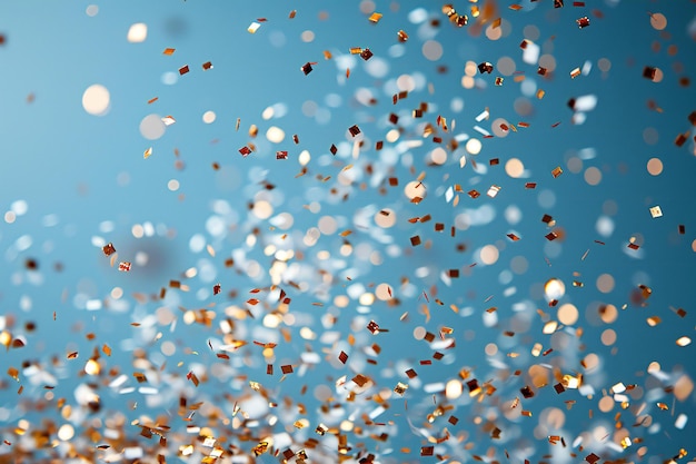 Confeti caindo no céu minimalista simples fundo azul claro ouro e branco brilho col