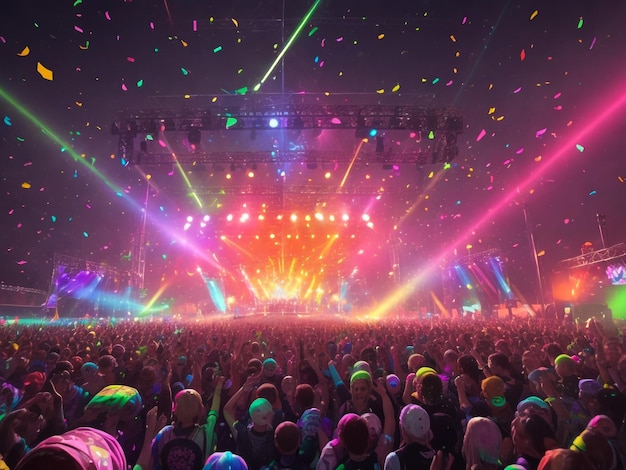 Foto confeti cayendo sobre una multitud de conciertos festivos frente al escenario principal