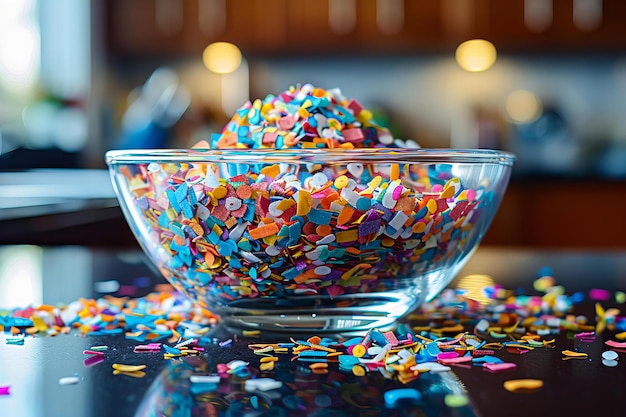 Foto confeti colorido em tigela de vidro no balcão da cozinha moderna