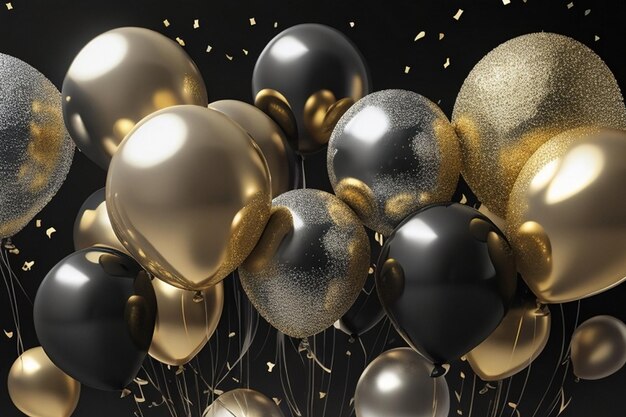 Confeti de balão enorme de ouro e prata com fundo preto
