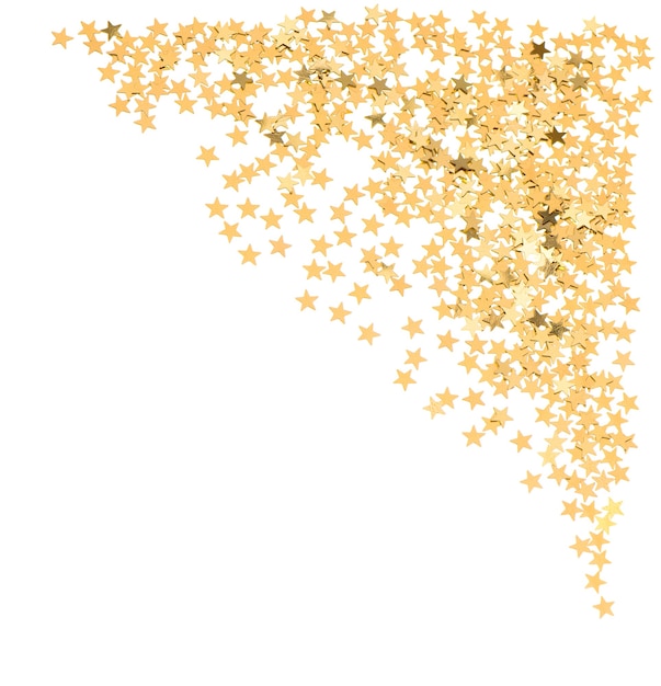 Confeti dorado en forma de estrella sobre fondo blanco. fondo festivo
