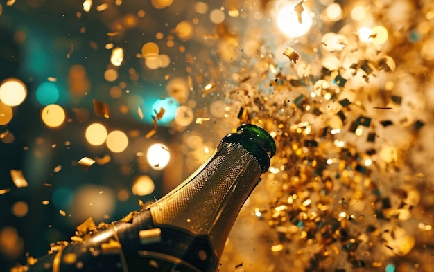 Confeti dourado chovendo sobre uma garrafa de champanhe em uma atmosfera de festa