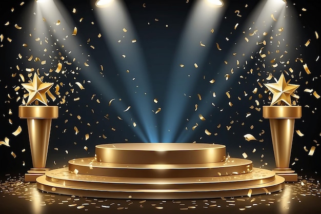 Confeti dourado com pódio de premiação e spotlights Fundo vetorial do vencedor
