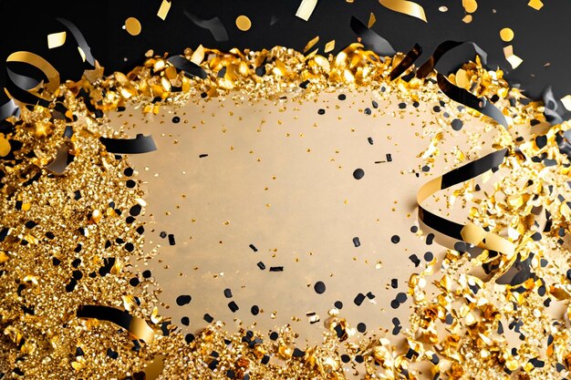 Confeti e streamers de papel dourado e preto espalhados pelo chão depois de uma festa de Ano Novo