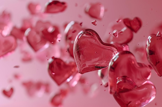 Confeti em forma de coração voando em um fundo rosa Dia dos Namorados