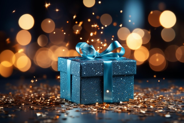 El confeti del espectáculo sorpresa estalla en una caja de regalo azul con un telón de fondo bokeh