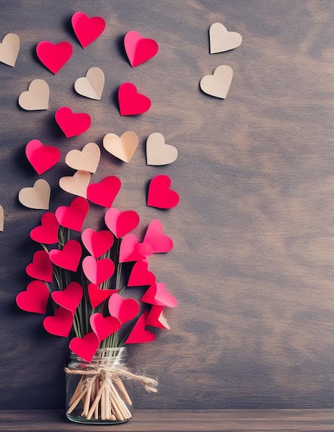 Confeti en forma de corazón de San Valentín y rosas blancas sobre un fondo de madera