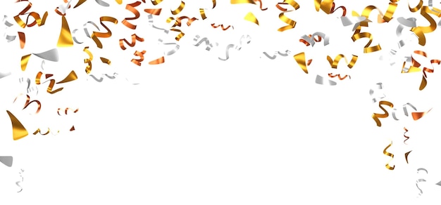 Confeti de oro, plata y bronce 3D volando en el aire sobre un fondo blanco partículas de papel o papel cintas serpentinas cayendo ganador de la fiesta sorpresa de cumpleaños o celebración de vacaciones