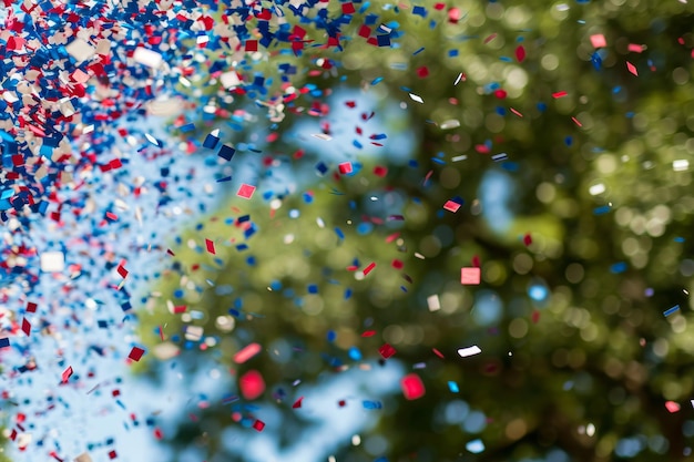 Confeti vermelho, branco e azul variado Confeti branco e azul brilhante flutuando sobre um piquenique do 4 de julho Gerado pela IA