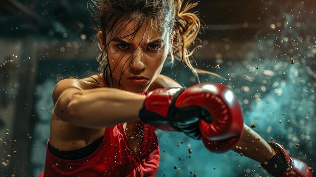 Confiada boxeadora lanzando un puñetazo Ella lleva guantes de boxeo rojos Su cabello está en cola de caballo y está sudando