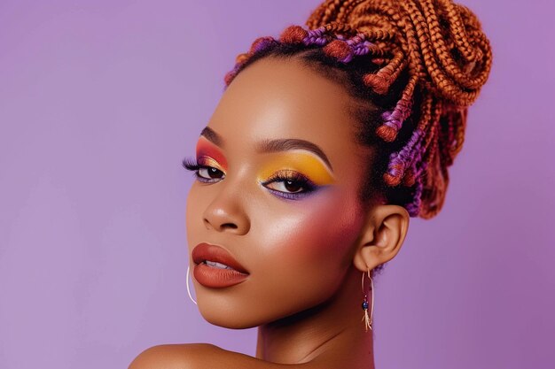 Confiada Ginger mujer afroamericana con fondo púrpura elegantes trenzas de dos tonos y maquillaje colorido