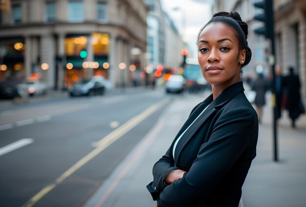 Una confiada mujer de negocios afroamericana de pie en una concurrida calle de la ciudad durante el día