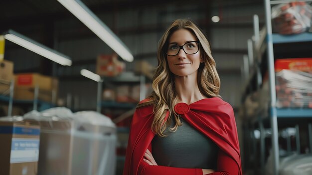 Foto una confiada mujer profesional con una capa roja está en un almacén lista para asumir cualquier desafío.