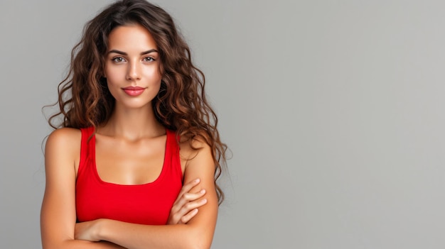 Foto confiada y radiante esta hermosa mujer cautiva en un singlet rojo mientras está de pie con los brazos cruzados contra un telón de fondo gris vacío su comportamiento equilibrado exhibe fuerza y egoísmo