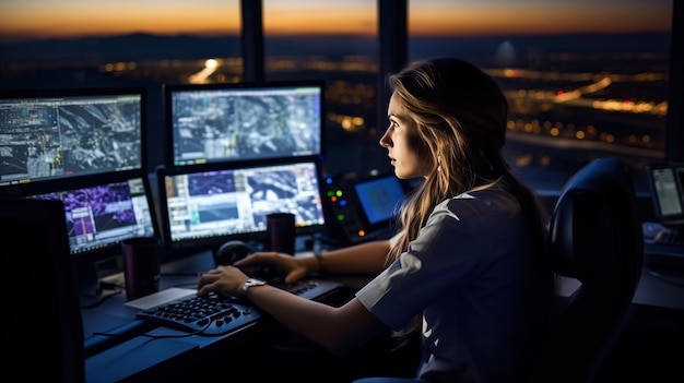 El confiado y bonito despachador trabaja en la torre de control y supervisa la operación del aeropuerto por la noche control de tráfico aéreo