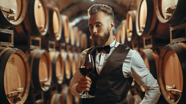 El confiado sommelier masculino con corbata de papagaio y chaleco está girando y olfateando vino rojo en una copa en la bodega