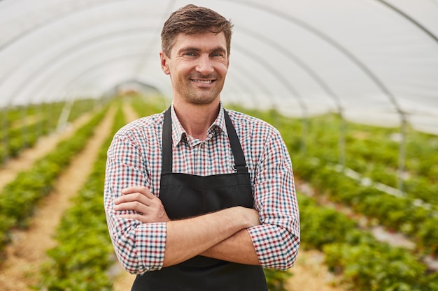 Confiante agricultor masculino em estufa