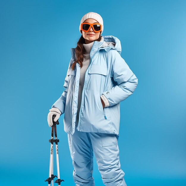 Confiante e feliz jovem esquiadora em foto de corpo inteiro vestindo equipamento de inverno