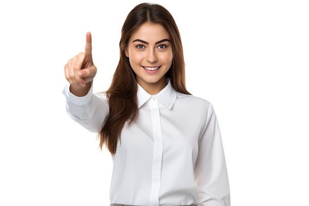 Confianza chica joven alegre usar camisa apuntando hacia arriba