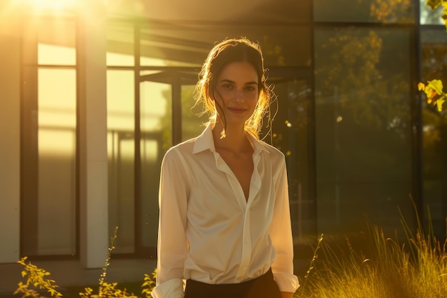 Confianza corporativa Mujer de éxito con camisa blanca fuera de la oficina