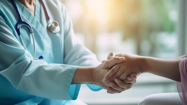 Foto confianza en la empatía y la enfermera sosteniendo la mano del paciente para obtener ayuda consultoría apoyo y consejos de atención médica